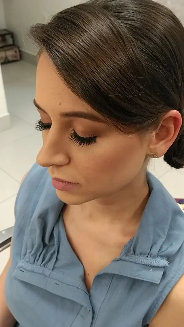 Penteado em coque baixo com franja lateral, visto de perfil